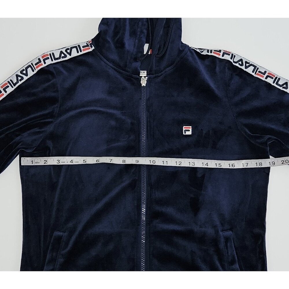 Fila Navy Blue Velour Full Zip Logo Tape Sleeve Stripe Track Jacket Women Medium - Picture 10 of 11